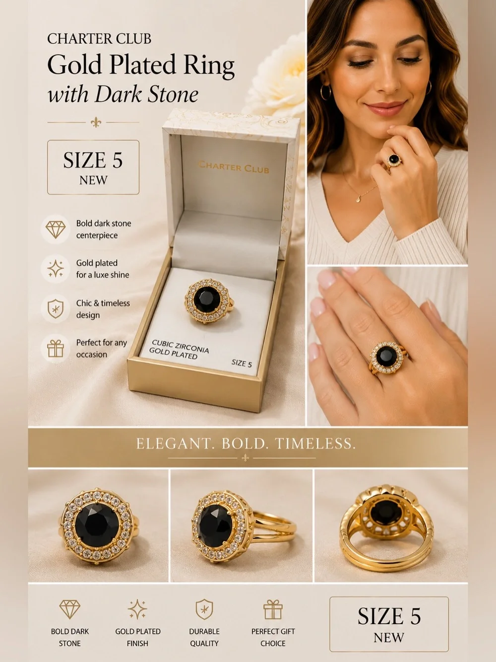Charter Club Gold Plated Ring with Dark Stone size 5 NEW